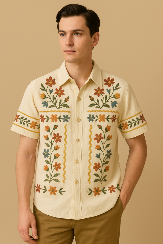 Vintage Floral Embroidered Linen Shirt – Men’s Short Sleeve