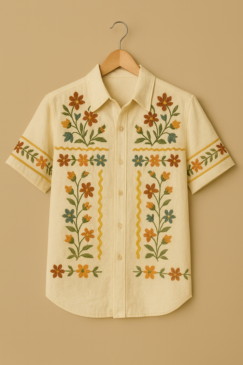 Vintage Floral Embroidered Linen Shirt – Men’s Short Sleeve