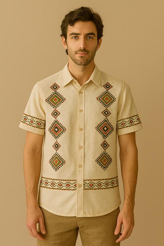 Men’s Tribal Diamond Embroidered Cotton Shirt