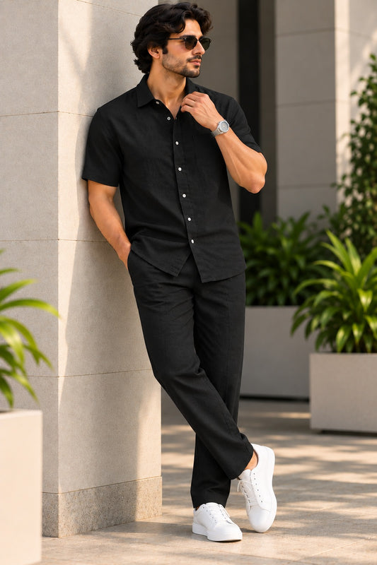 Men's Black Linen Cotton Co-Ord Set