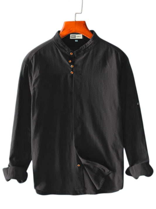 Men's Black Cotton Kurta Shirt with Mandarin Collar