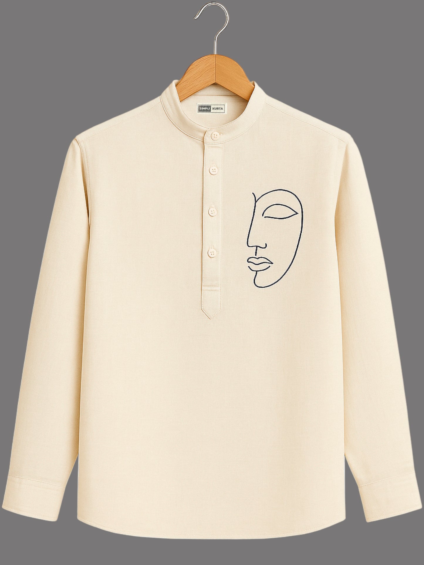 Men’s Premium Cotton Kurta Shirt – Minimal Face Embroidery | Festive & Casual Wear