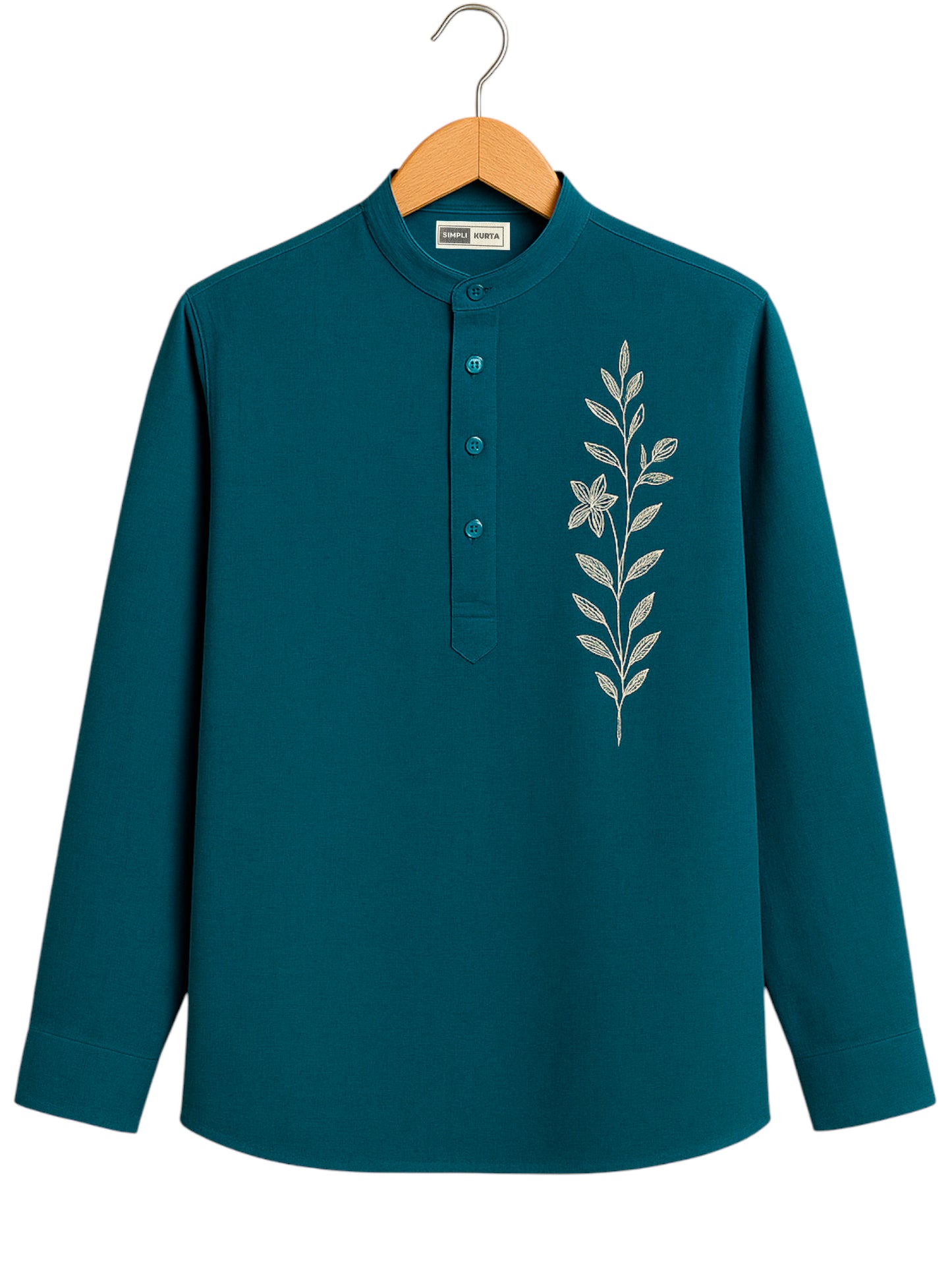 Men’s Premium Teal Cotton Kurta Shirt – Floral Embroidery | Festive & Casual Wear