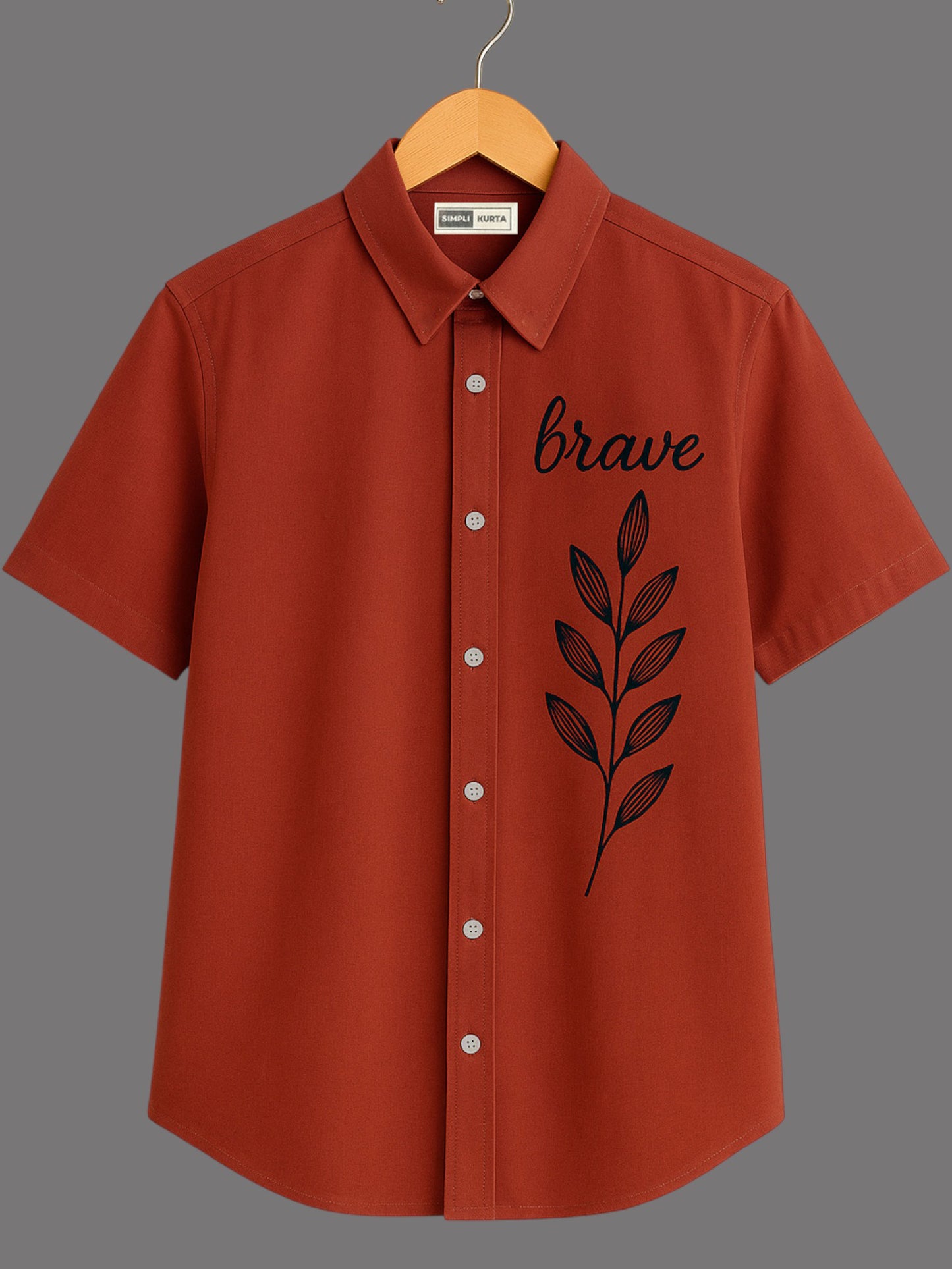 Men’s Rust Cotton Short-Sleeve Shirt – Embroidery | Minimal & Casual Wear