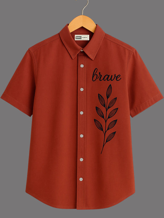 Men’s Rust Cotton Short-Sleeve Shirt – Embroidery | Minimal & Casual Wear