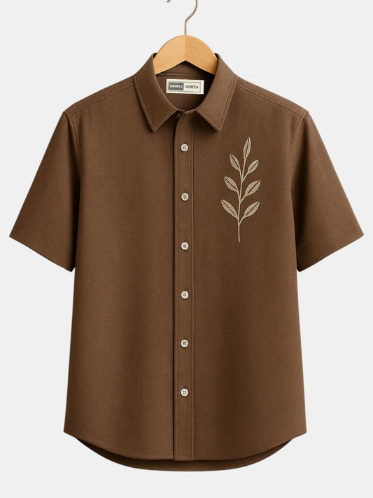 Brown Embroidered Men's Casual Shirt | Nature Leaf Design | Casual Wear