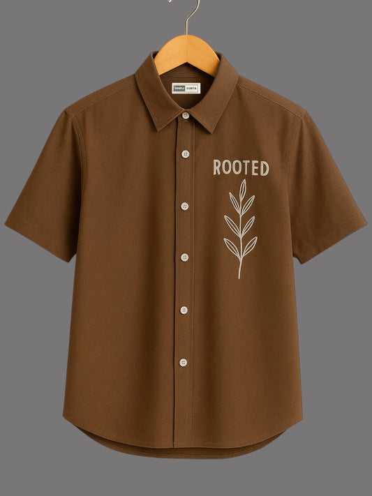 Men’s Brown Cotton Short-Sleeve Shirt – Embroidery | Casual & Everyday Wear
