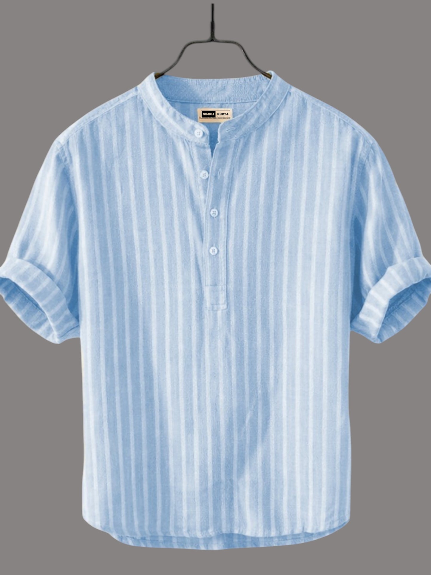 Men’s Sky Blue Striped Cotton Kurta Shirt | Casual Wear