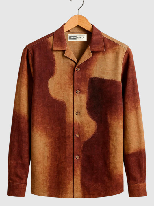 Men's Oversized Abstract Brush-Dyed Casual Shirt – Brown & Beige Artistic Print