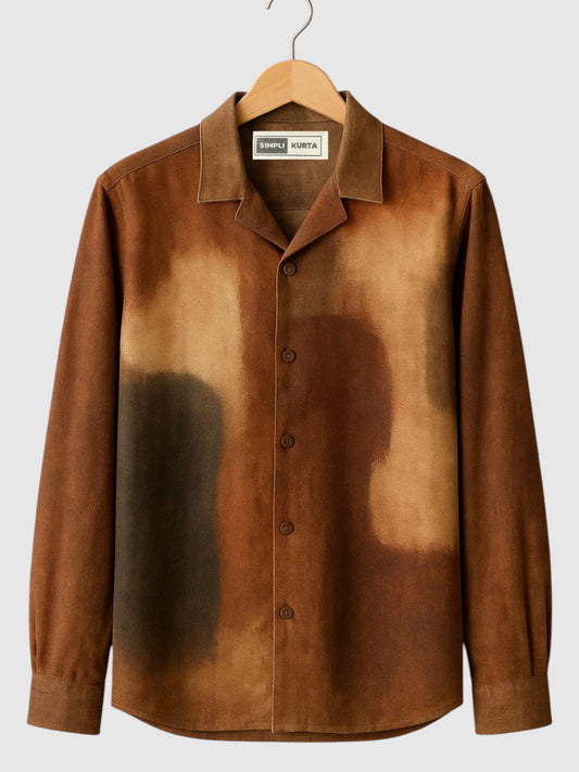 Men’s Brush-Dyed Shirt – Brown, Sand & Charcoal Artistic Print