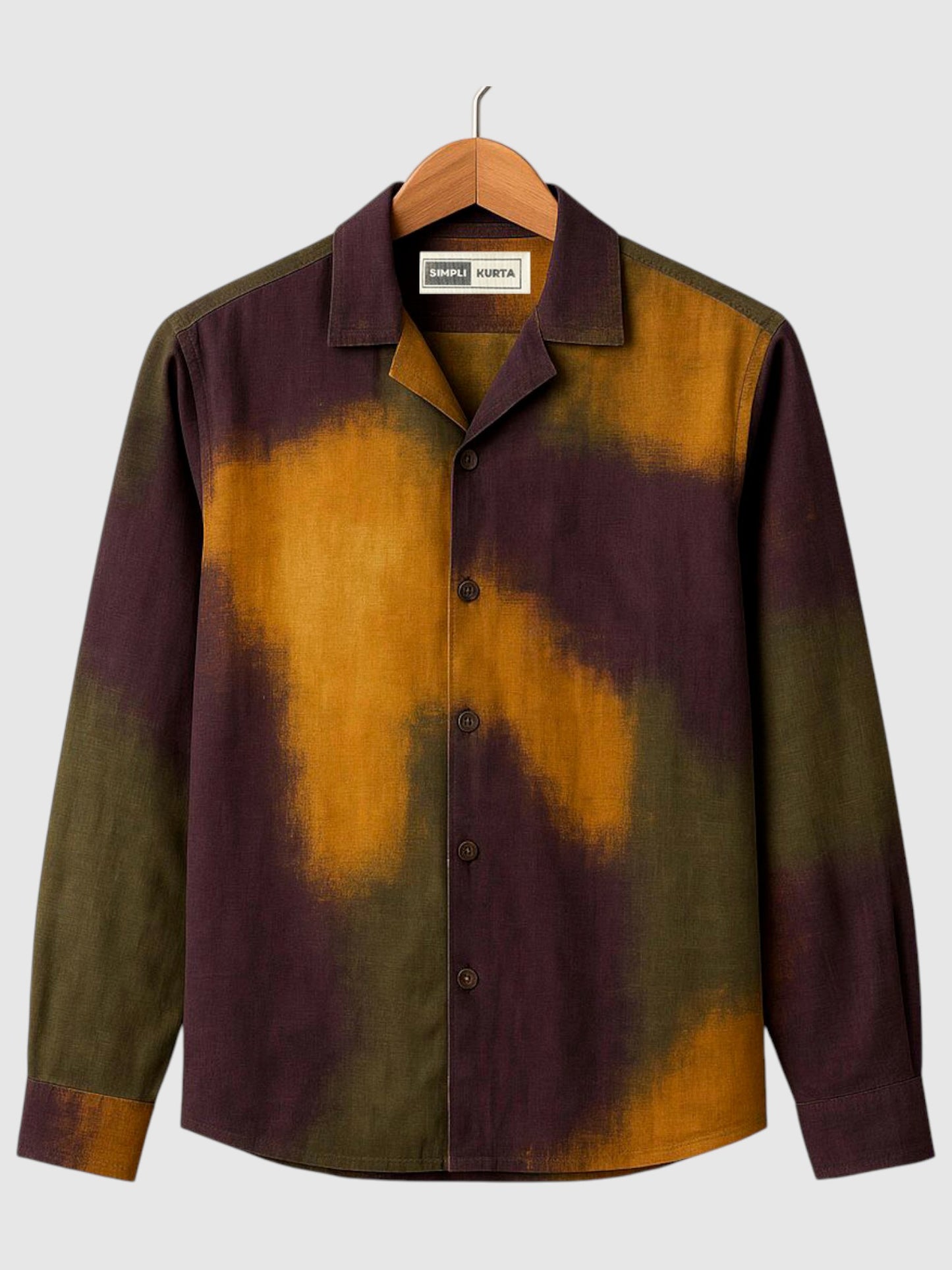 Men’s Brush-Dyed Shirt – Mustard, Olive & Deep Plum Abstract Artistic Print