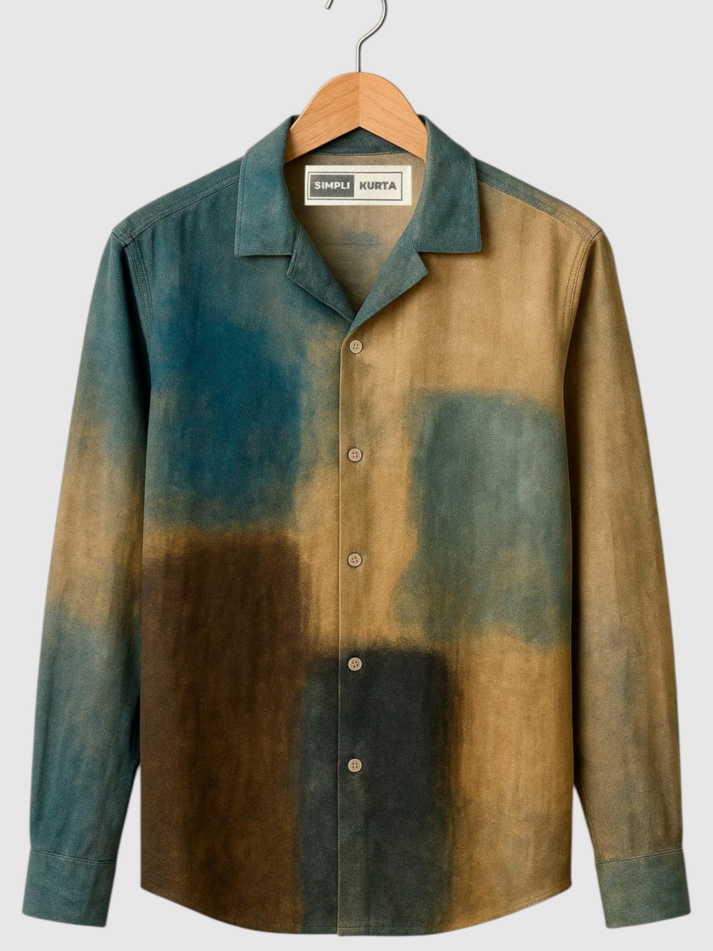 Men’s Brush-Dyed Shirt – Teal, Charcoal & Sand Abstract Artistic Print
