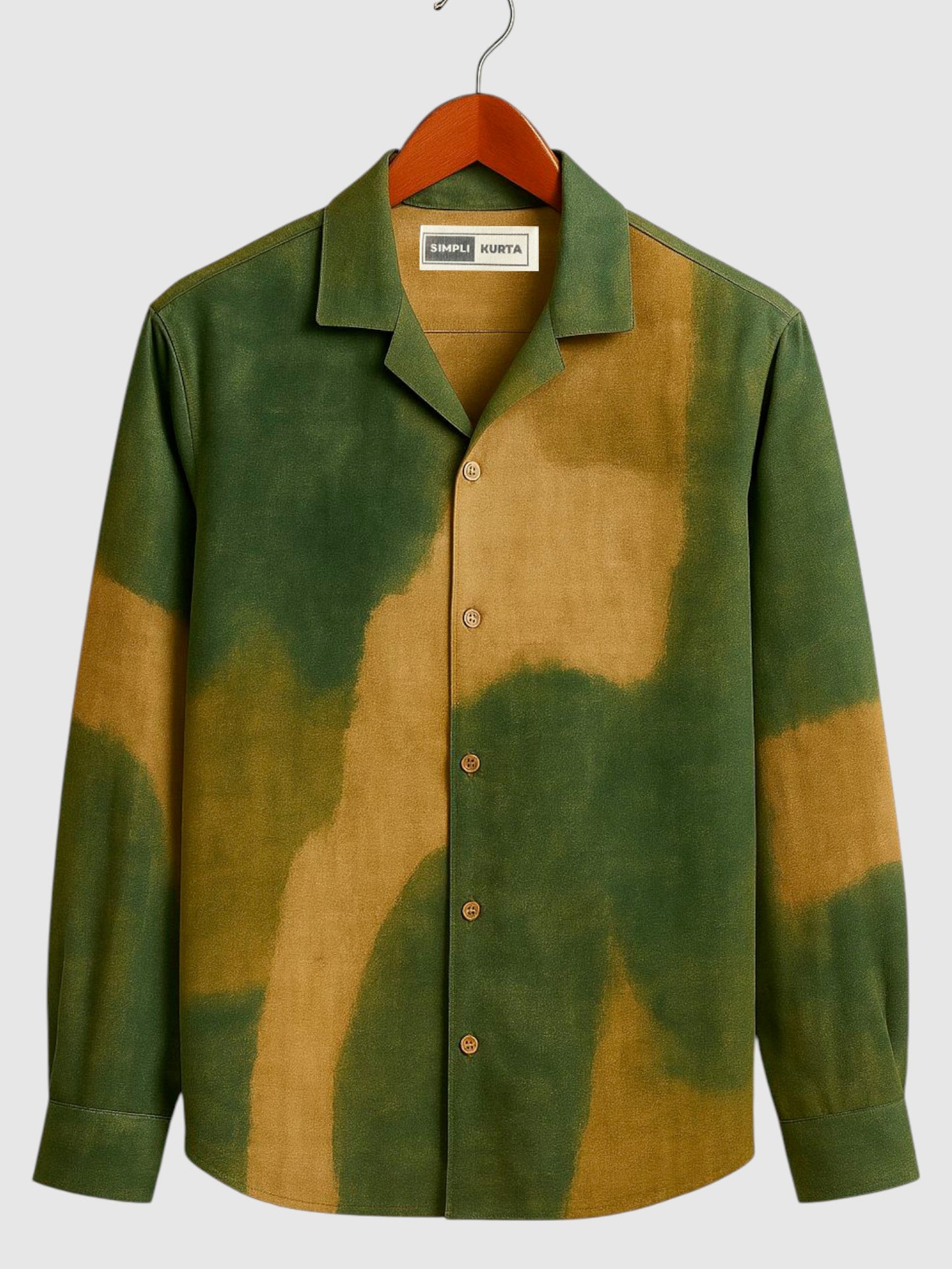 Men’s Brush-Dyed Shirt – Moss Green & Sand Earth-Tone Artistic Print