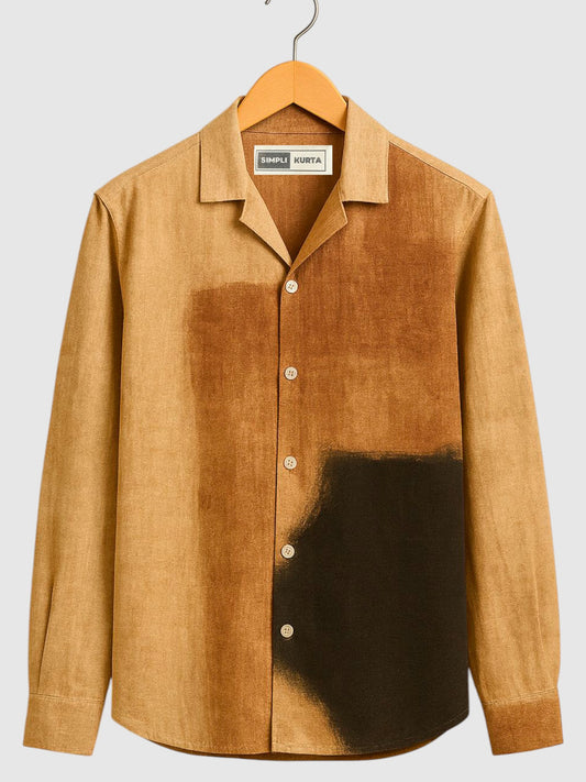 Men’s Brush-Dyed Shirt – Sand, Brown & Black Artistic Earth-Tone Print